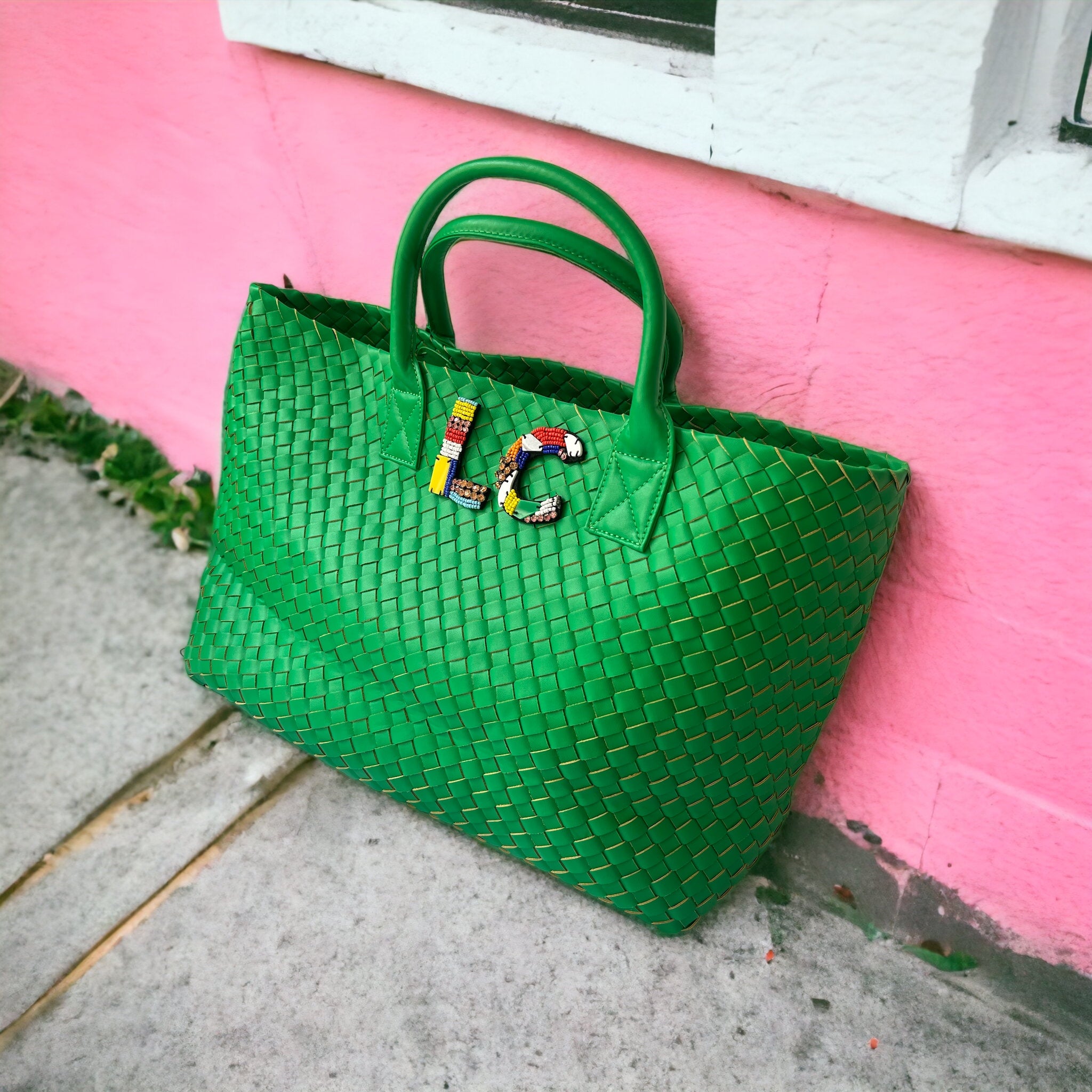 GREEN WOVEN SHOPPER BAG