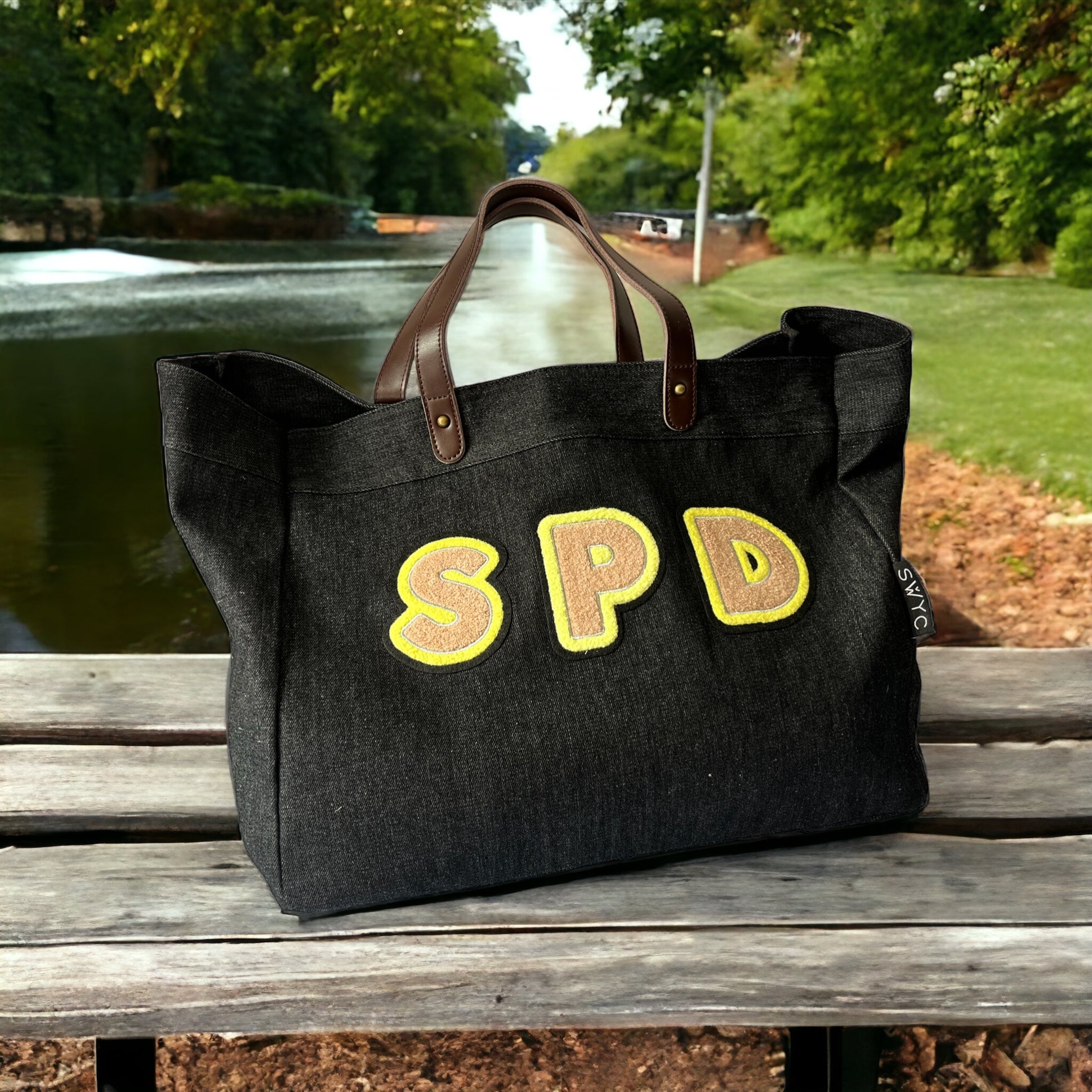 Black denim shopper -small initials