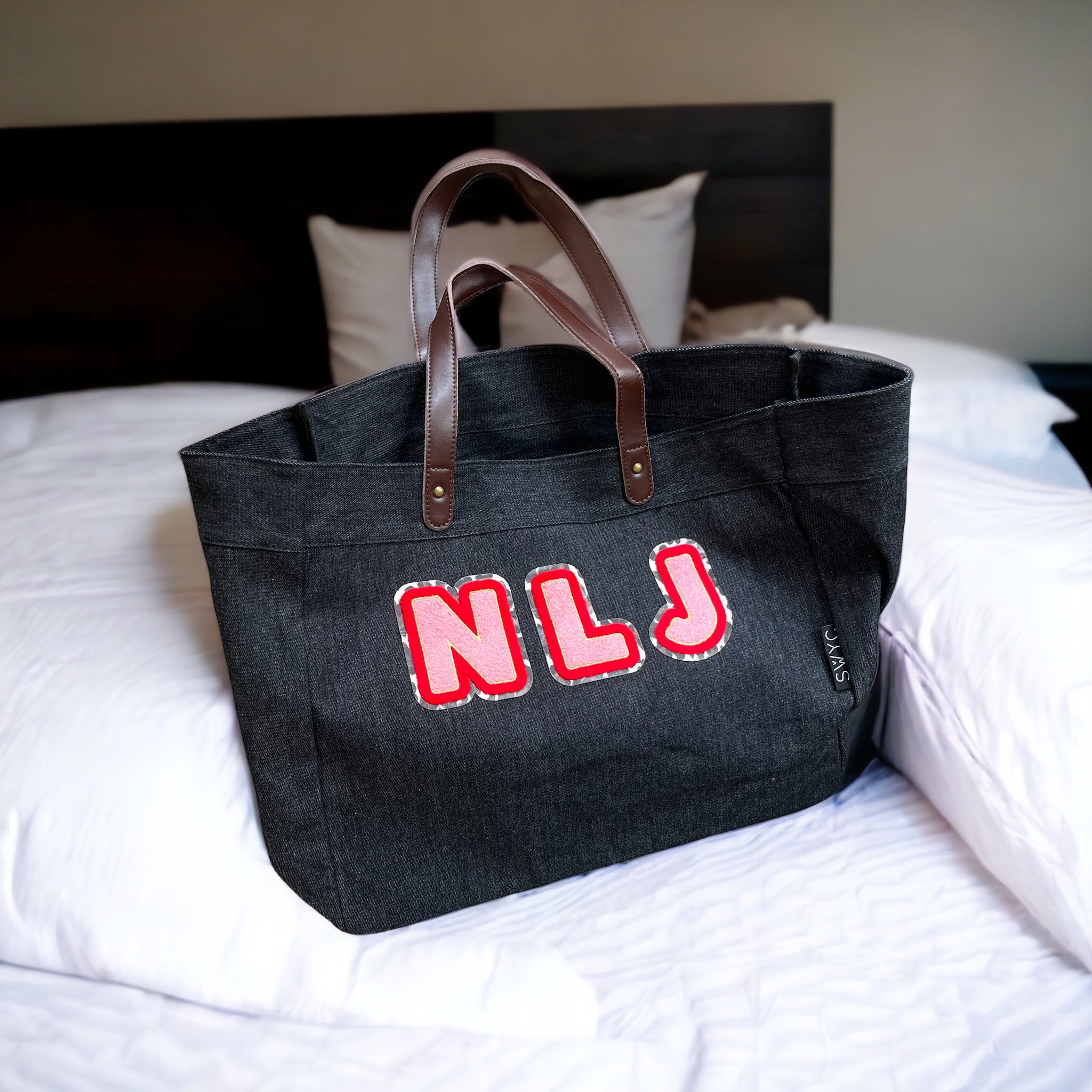 Black denim shopper -small initials