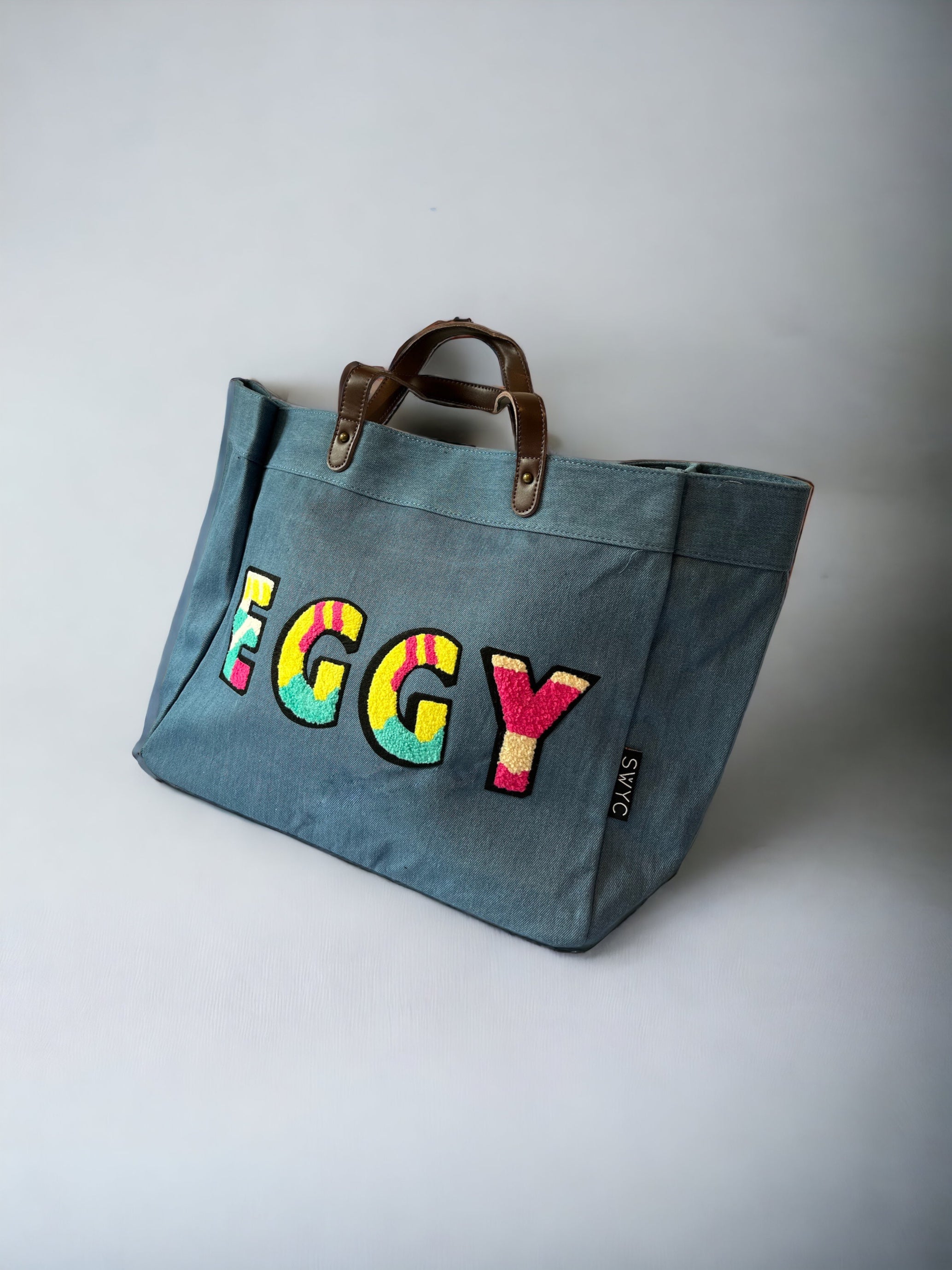 Mid blue denim shopper- multicoloured initials