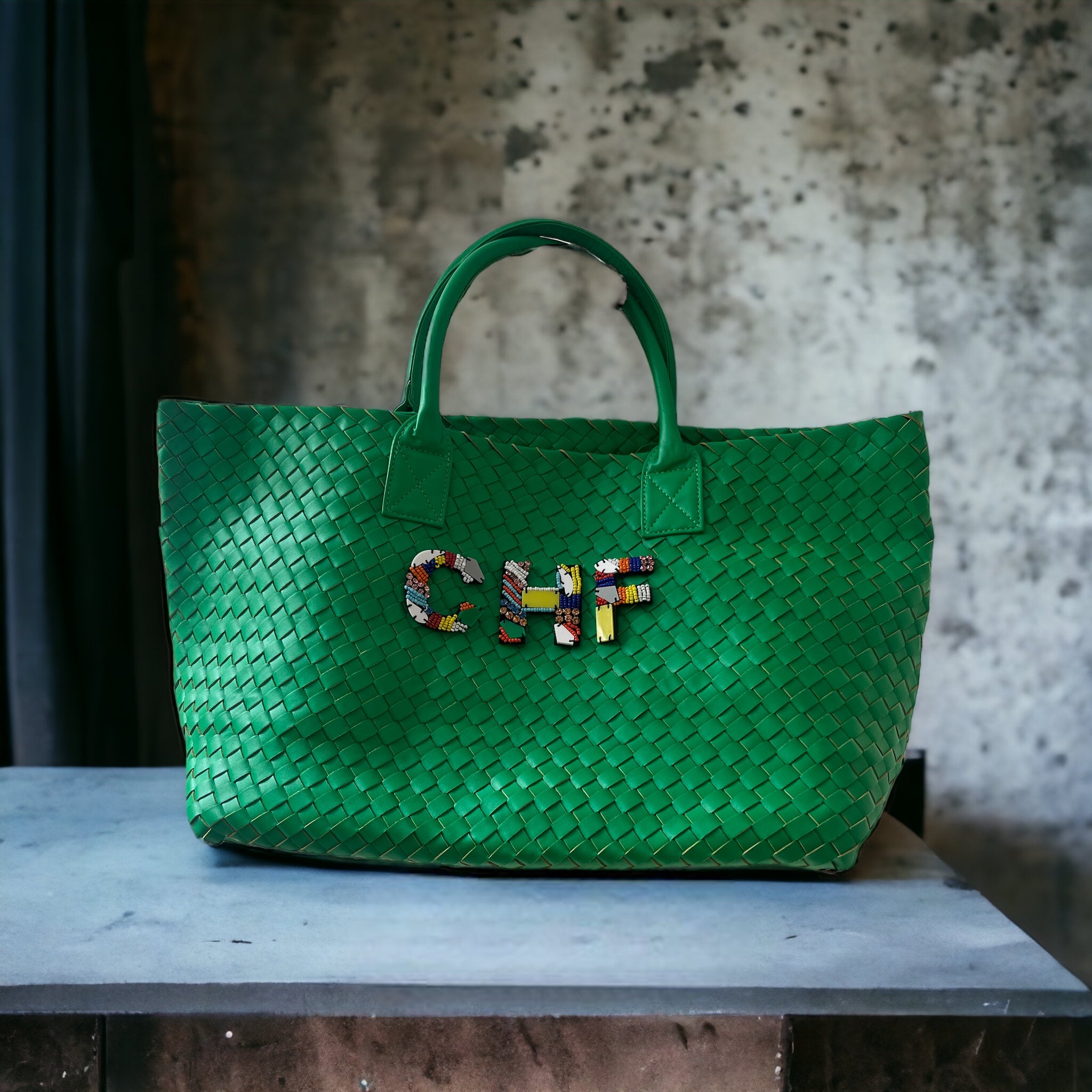 GREEN WOVEN SHOPPER BAG