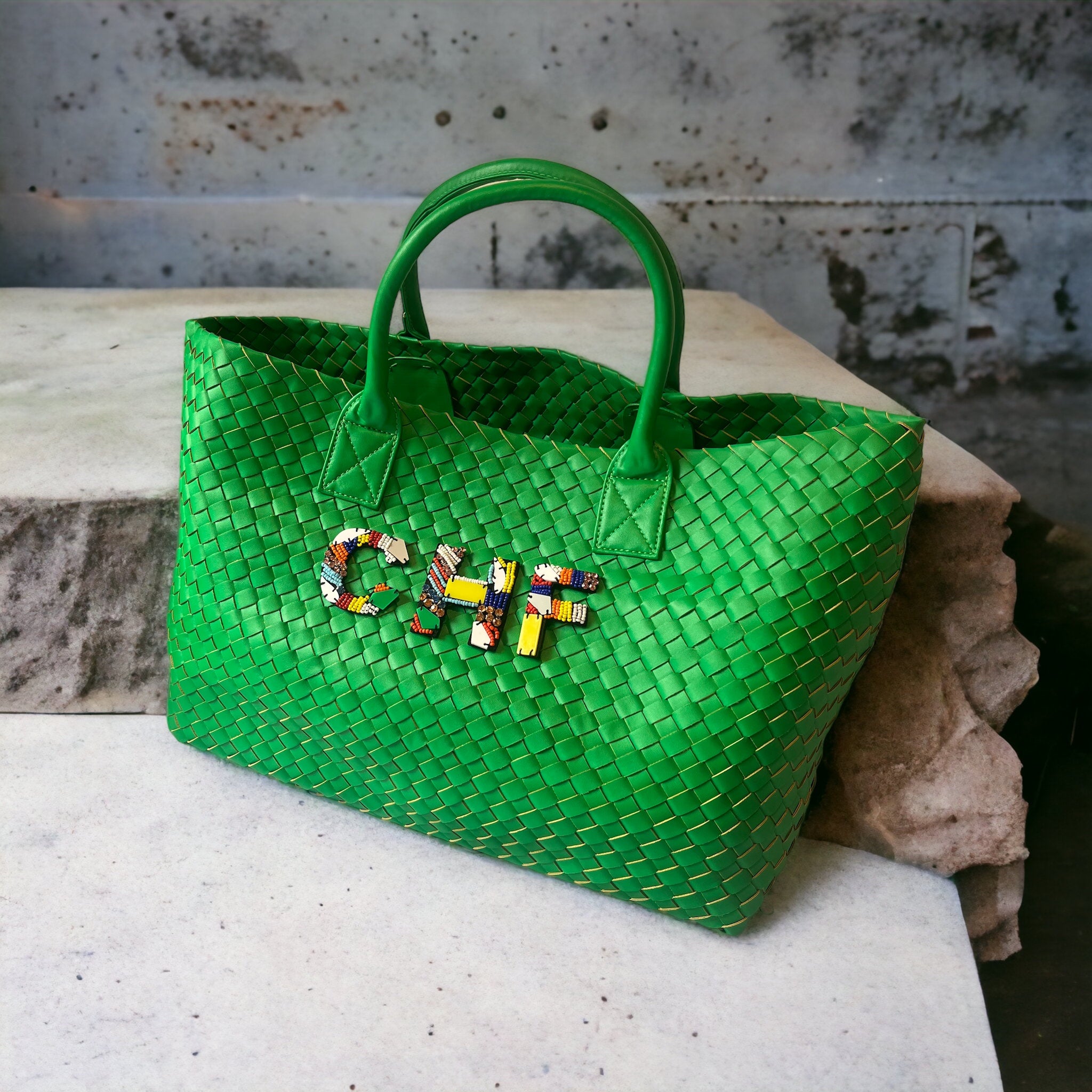 GREEN WOVEN SHOPPER BAG