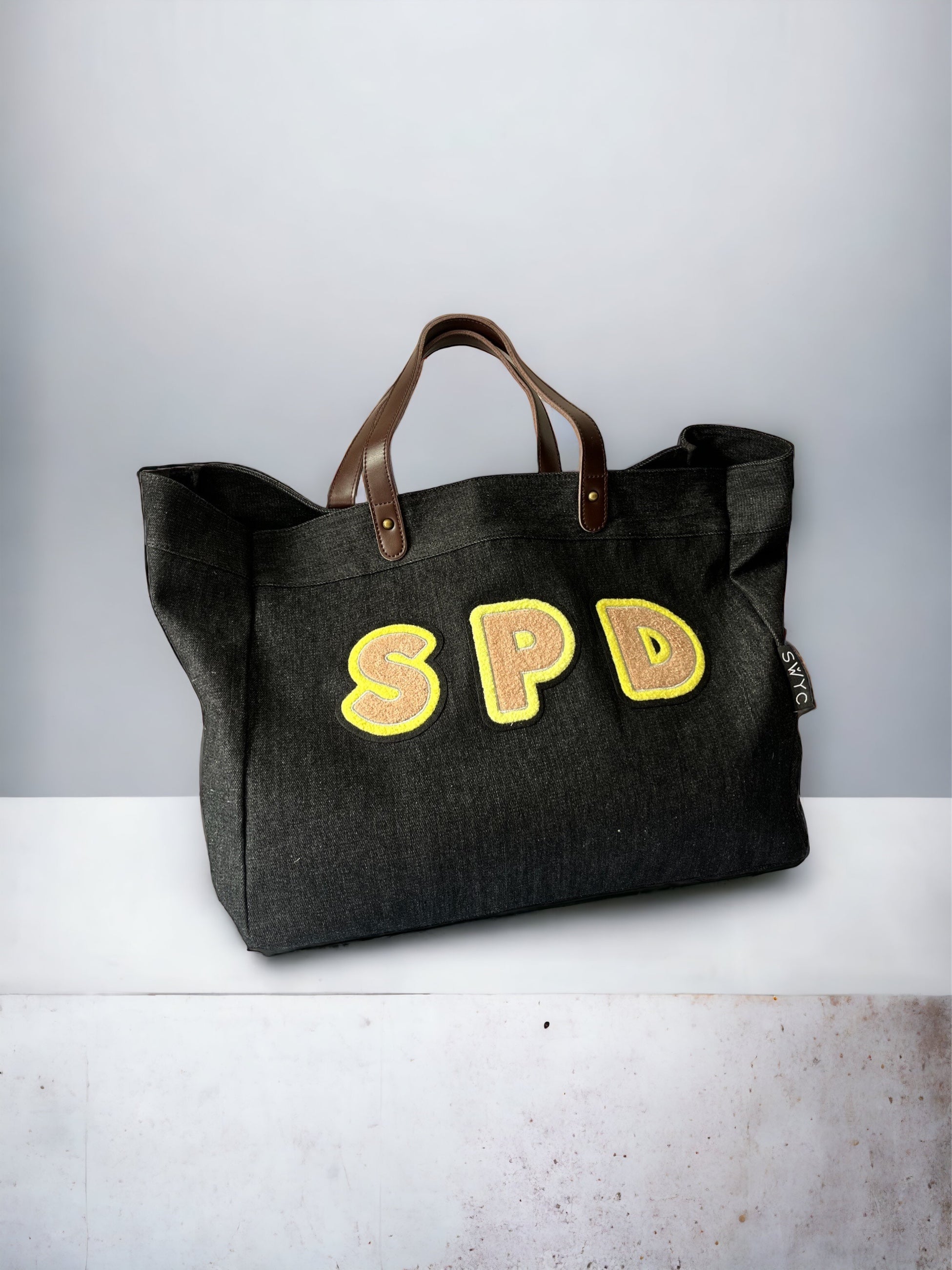 Black denim shopper -small initials