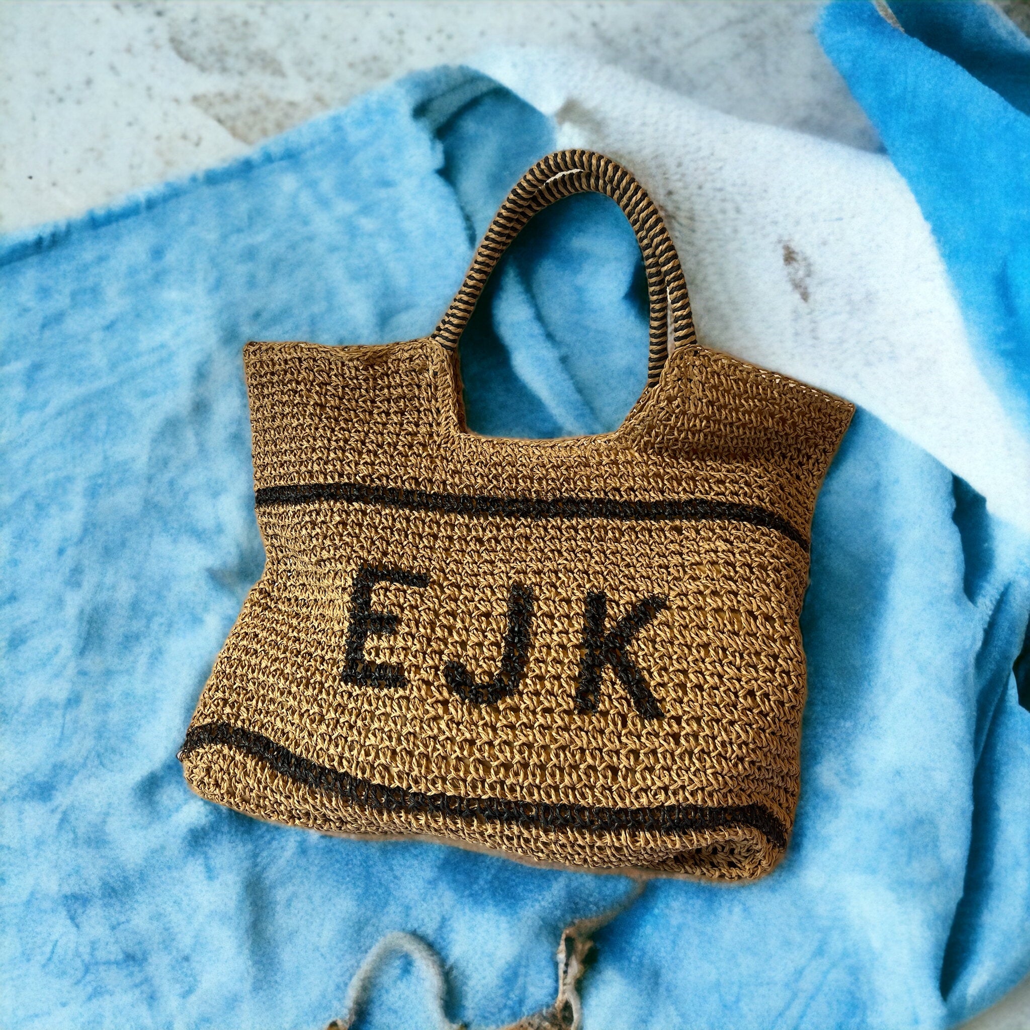 Personalised straw basket bag - small initials