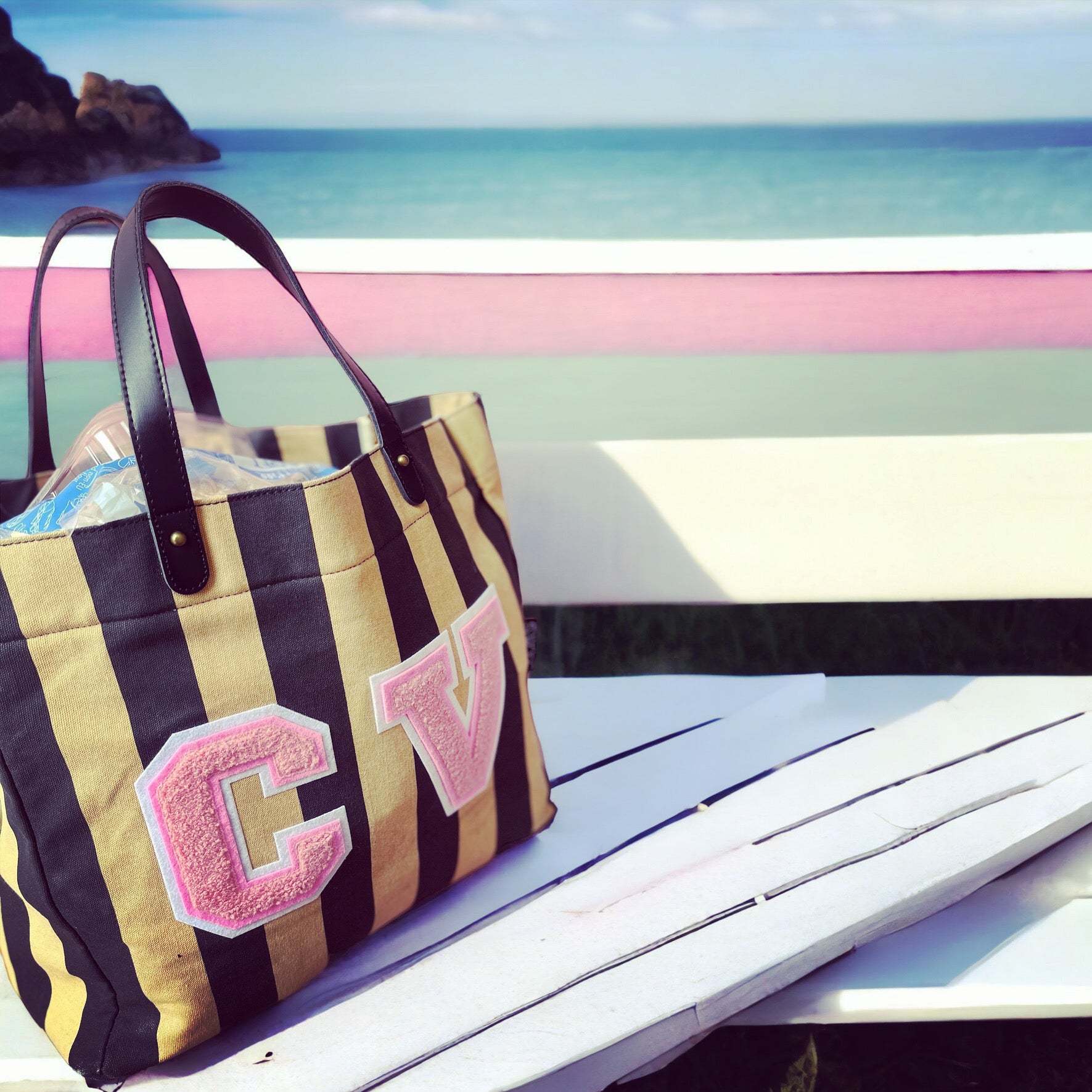 Black striped canvas shopper