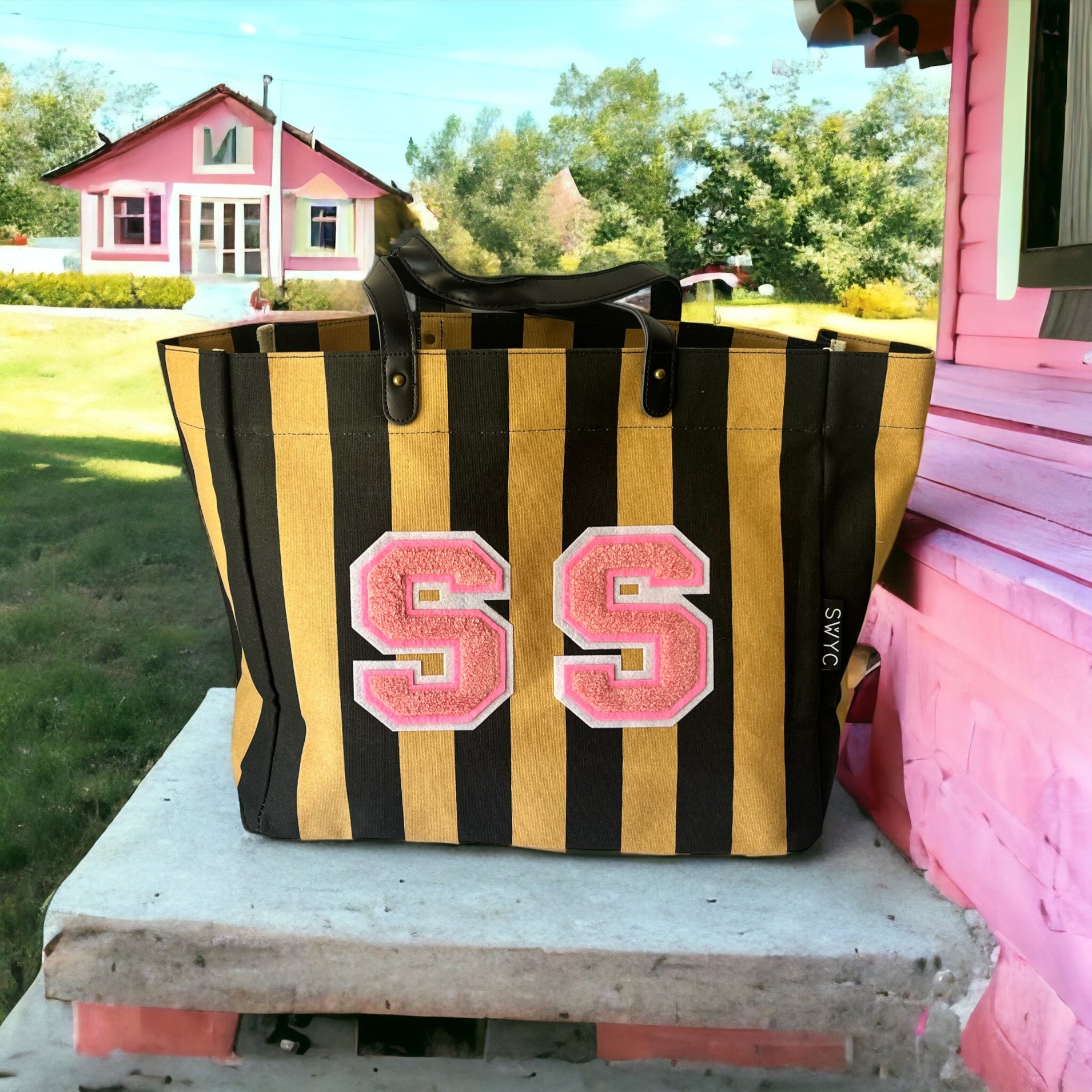 Black striped canvas shopper
