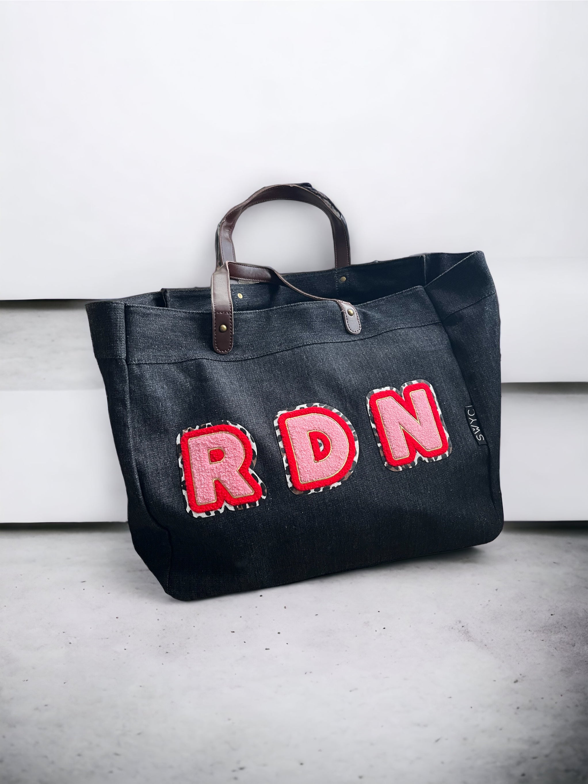 Black denim shopper -small initials