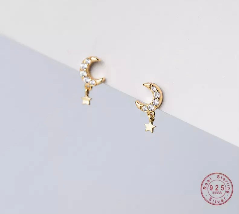Moon and star dangle stud earrings