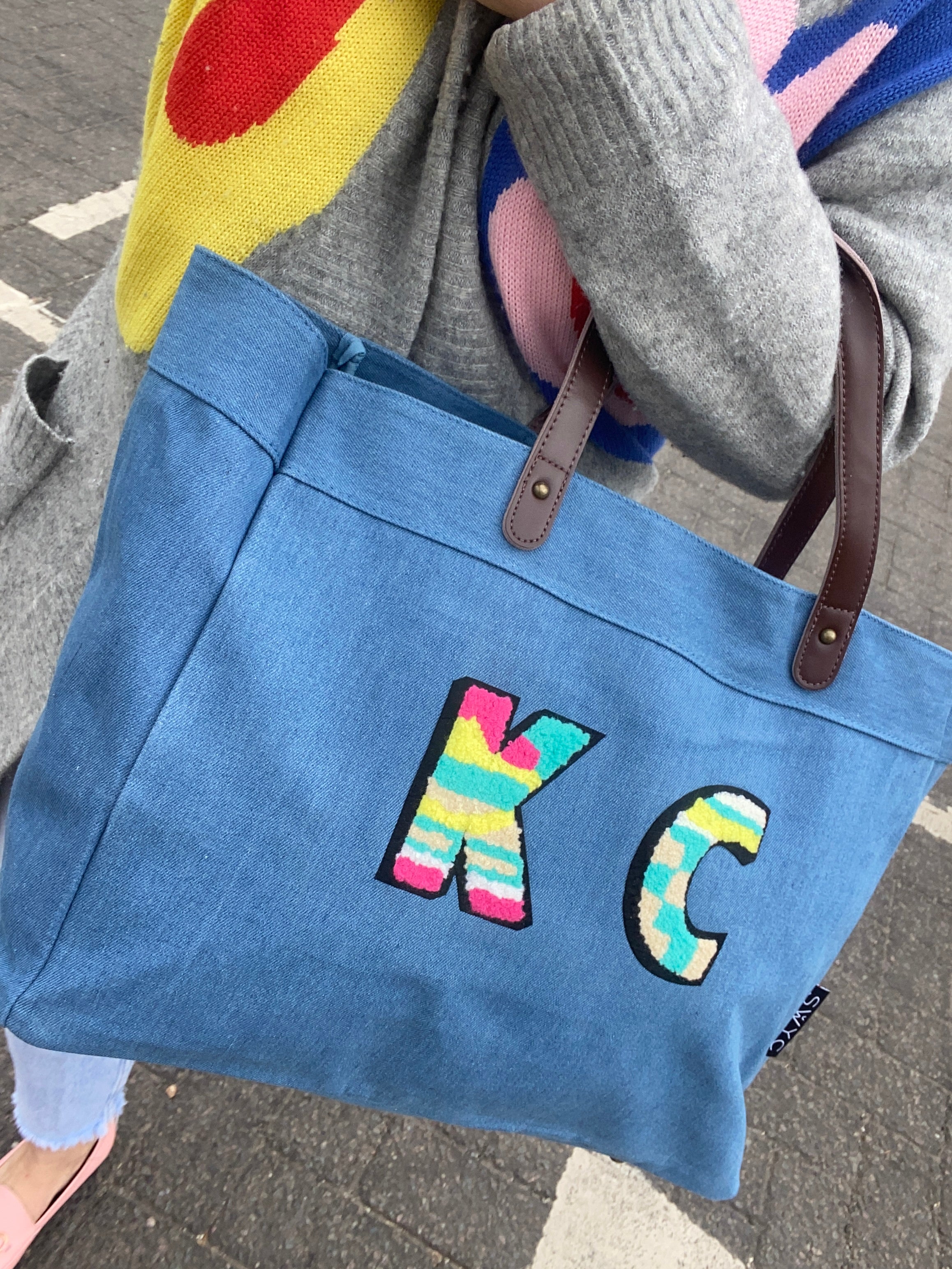 Mid blue denim shopper- multicoloured initials