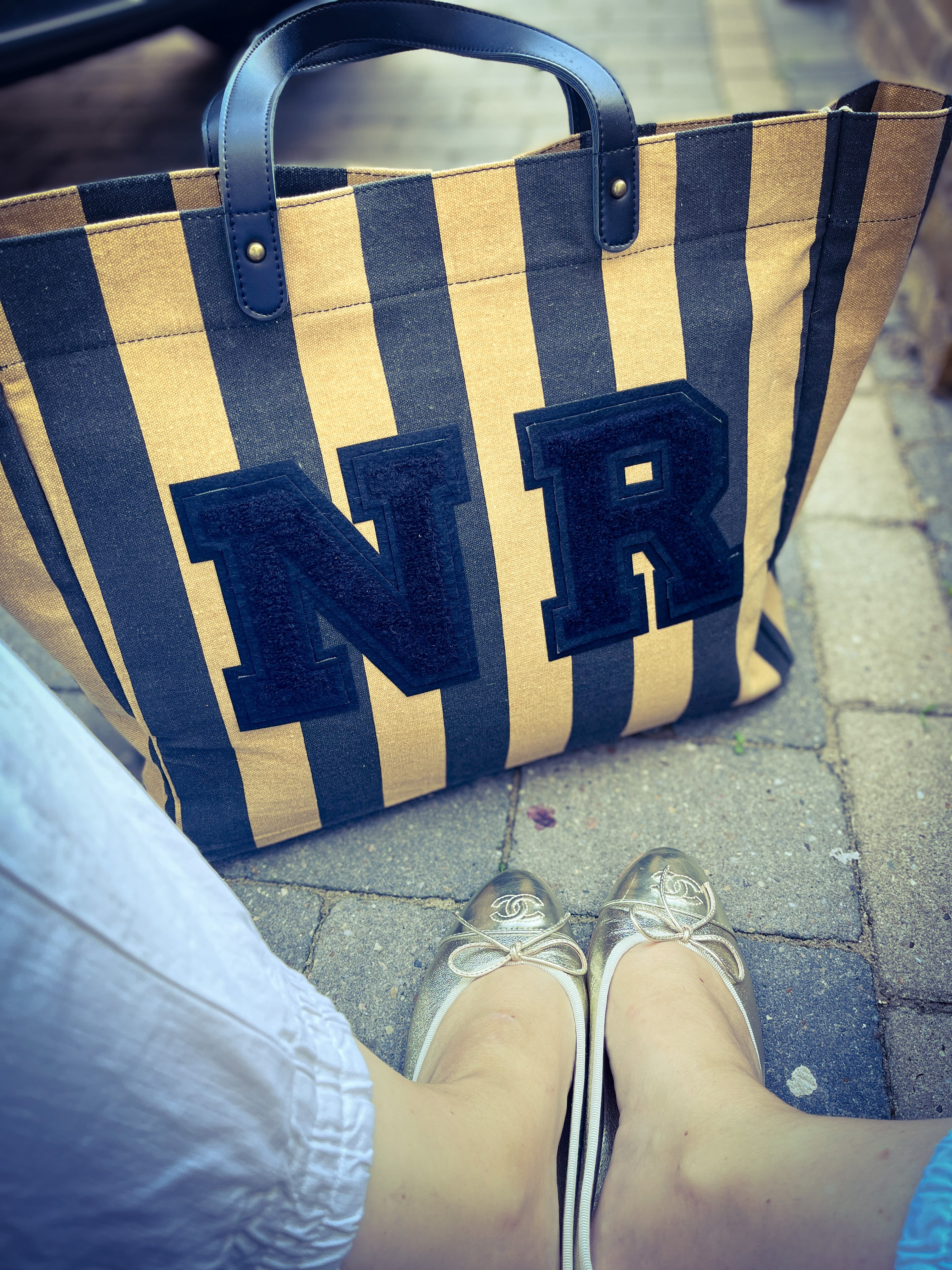 Black striped canvas shopper