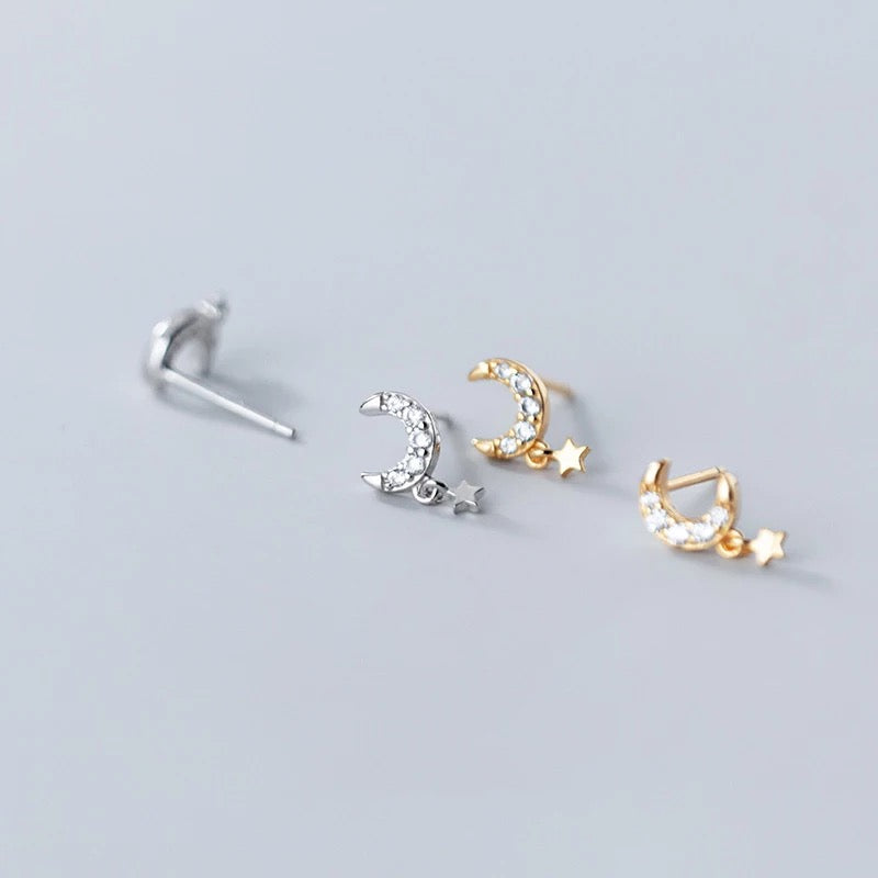 Moon and star dangle stud earrings