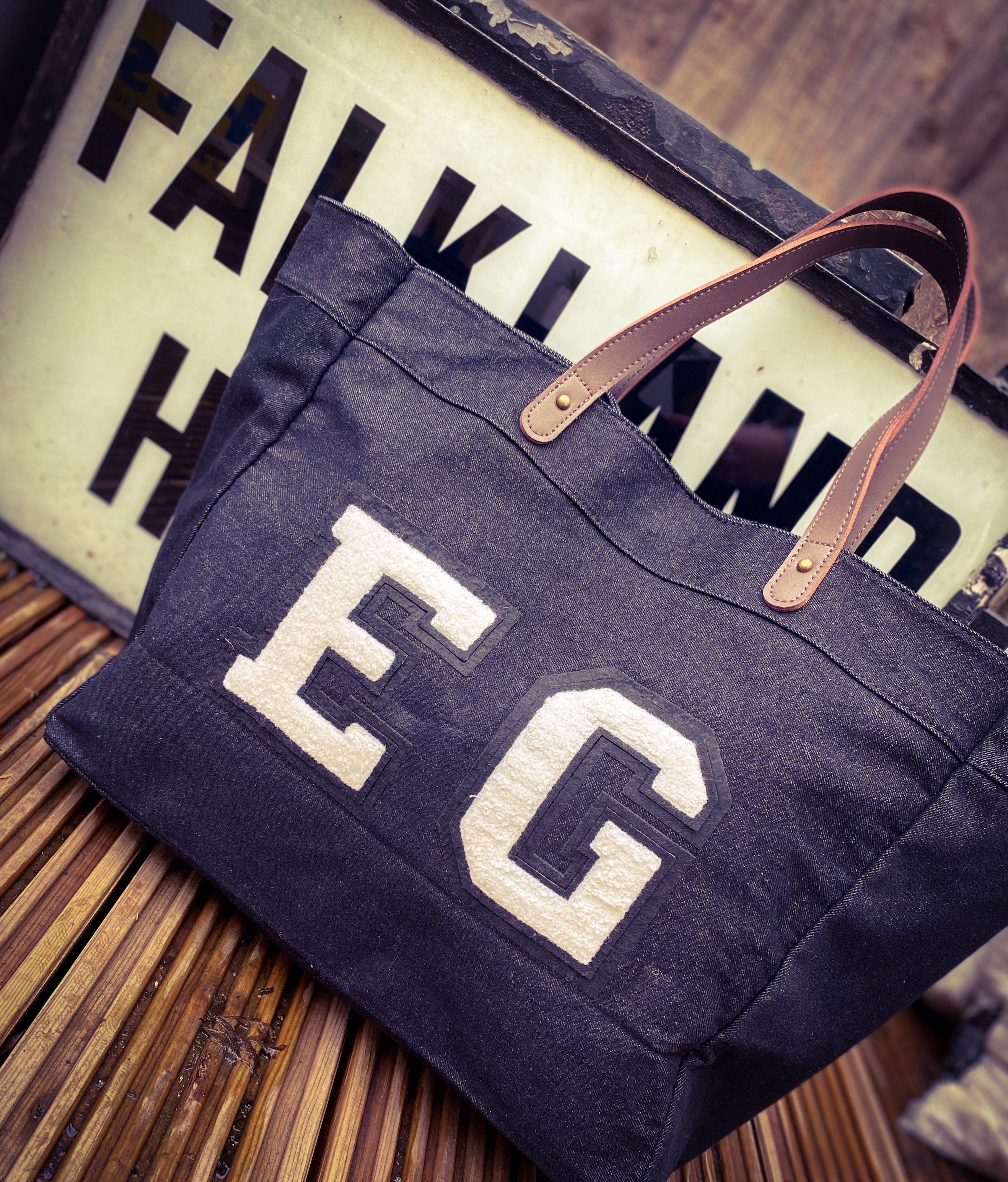 Black denim shopper