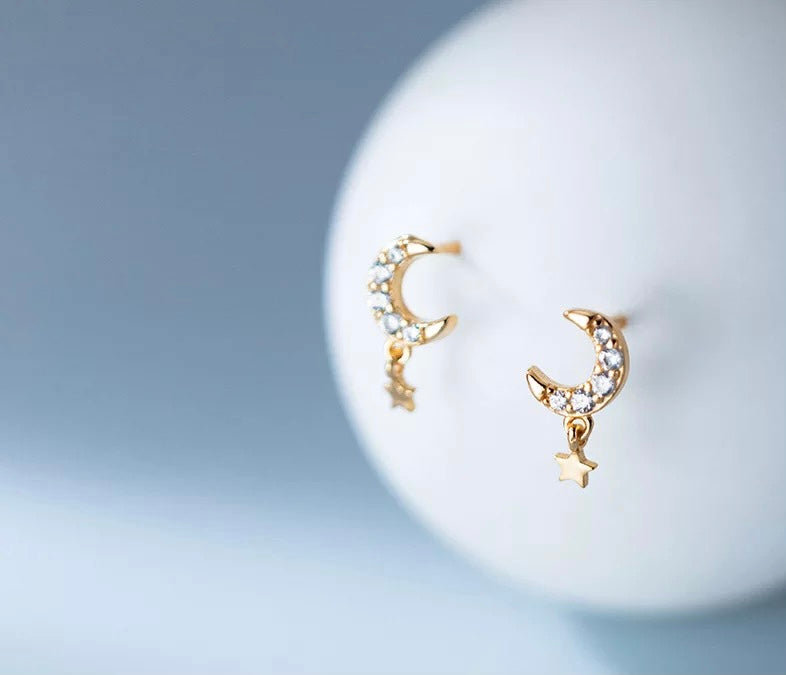 Moon and star dangle stud earrings