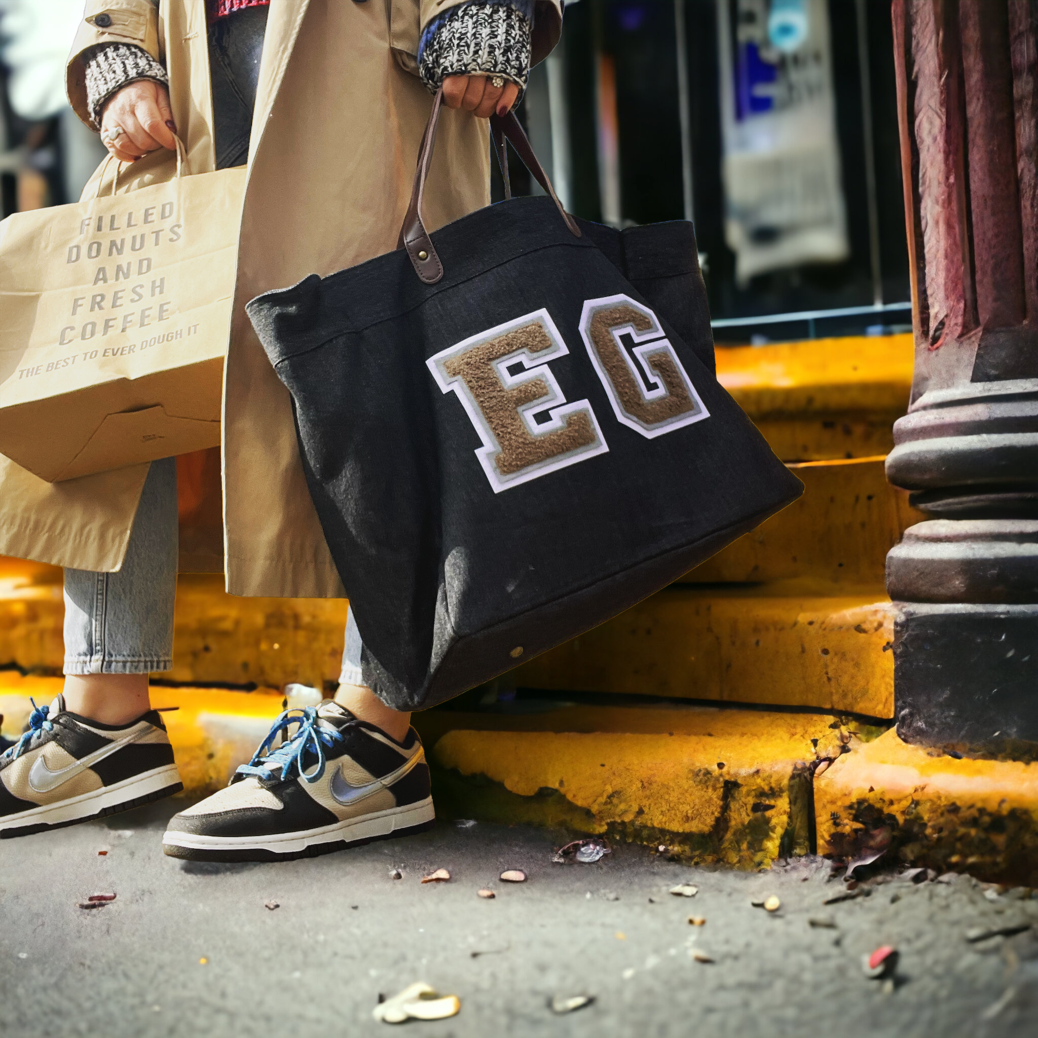 Black denim shopper