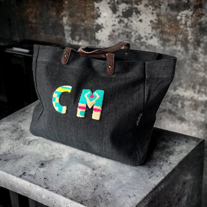 Black denim shopper- multicoloured initials