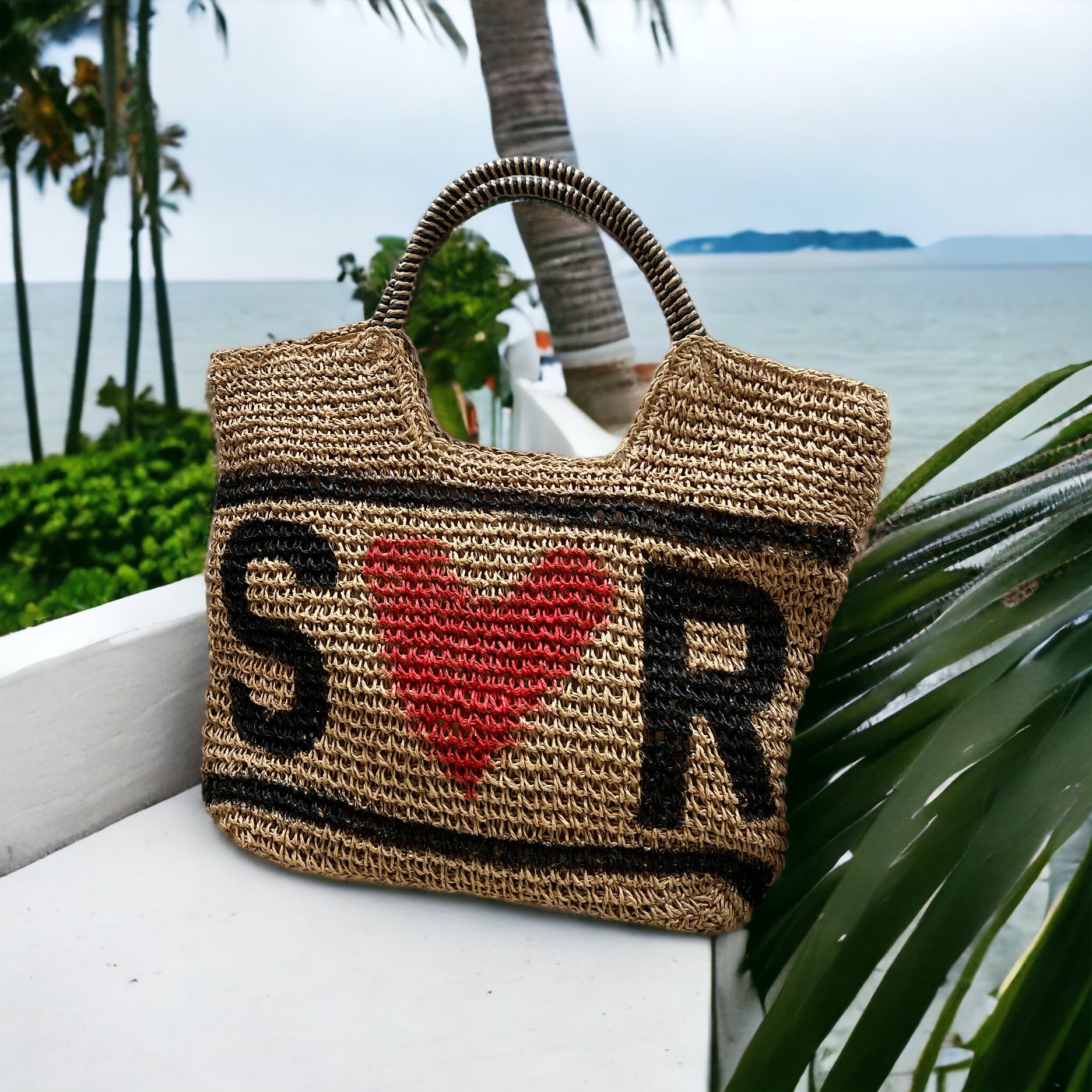 PERSONALISED STRAW BASKET BAG LARGE INITIALS