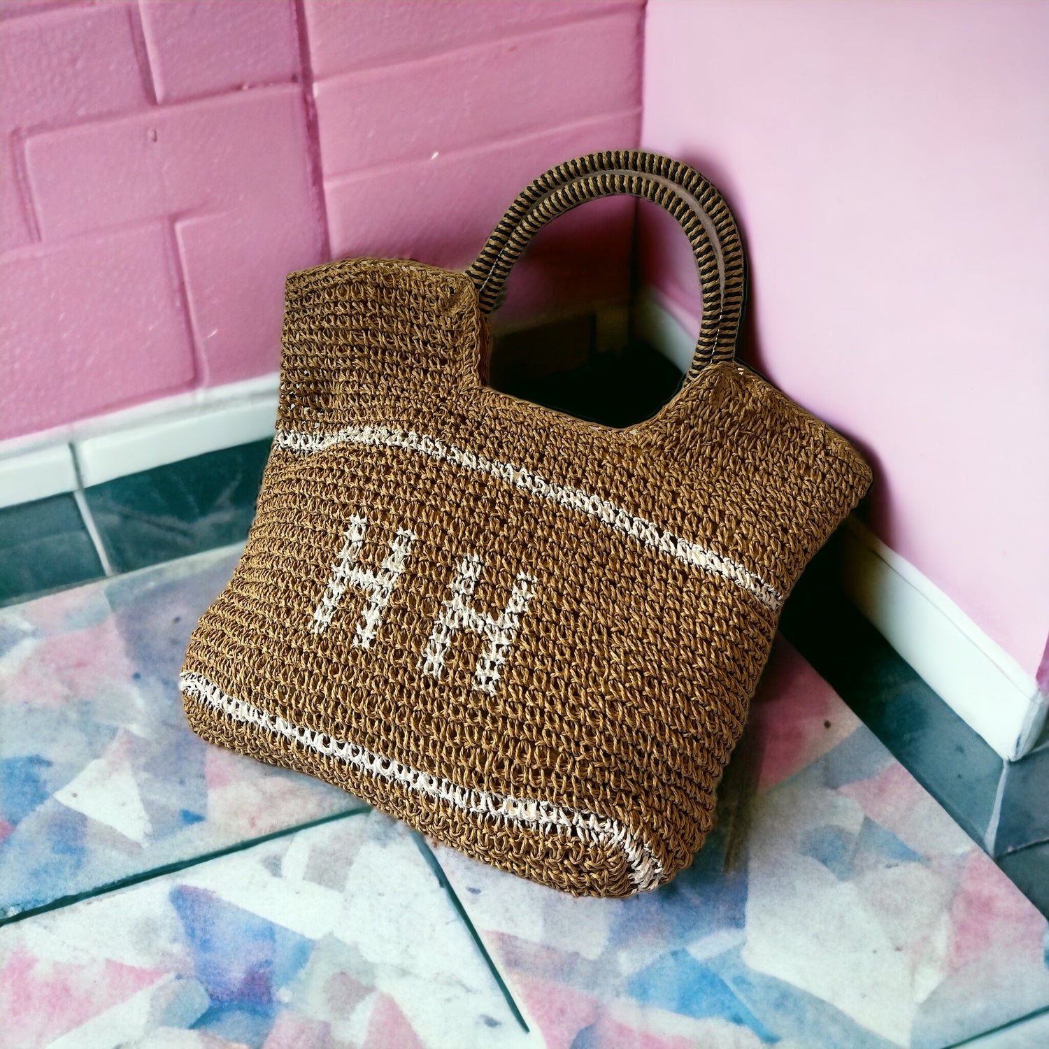 Personalised straw basket bag - small initials