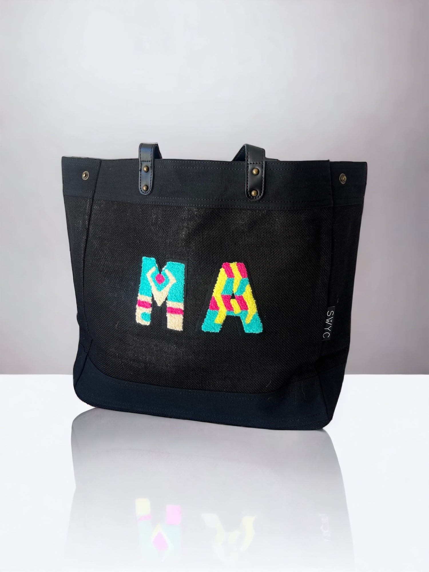 Black jute market shopper bag with multicoloured initials