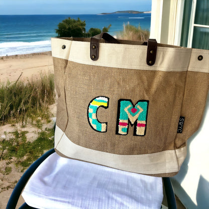 Jute market shopper bag - multicoloured initials