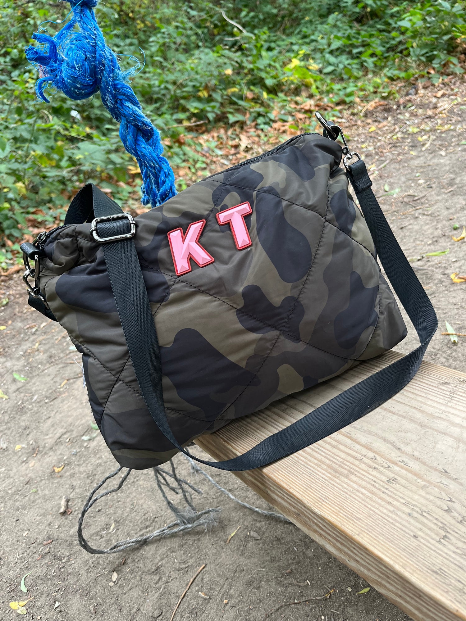 Camo print quilted messenger bag- Rubber initials