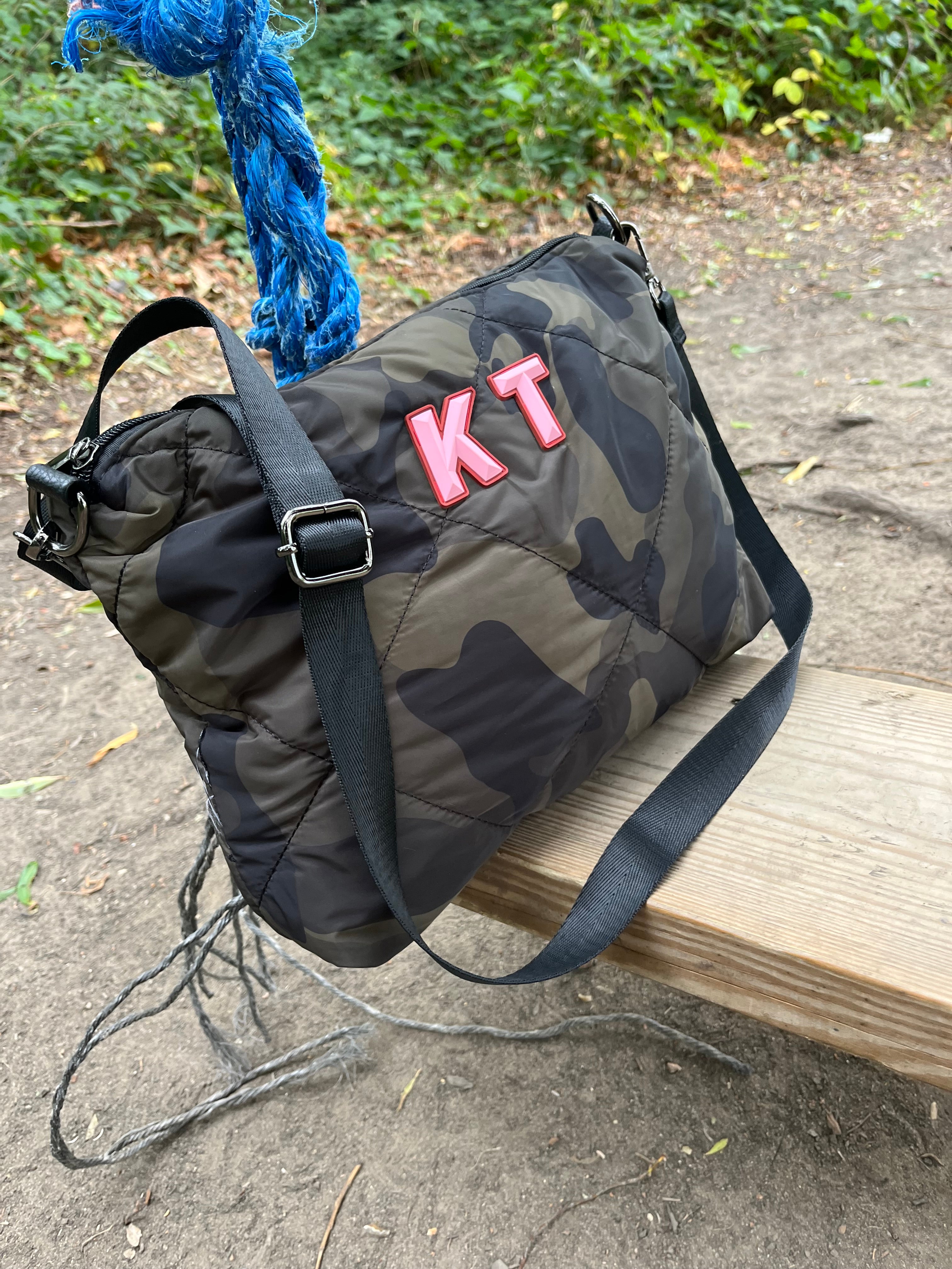 Camo print quilted messenger bag- Rubber initials