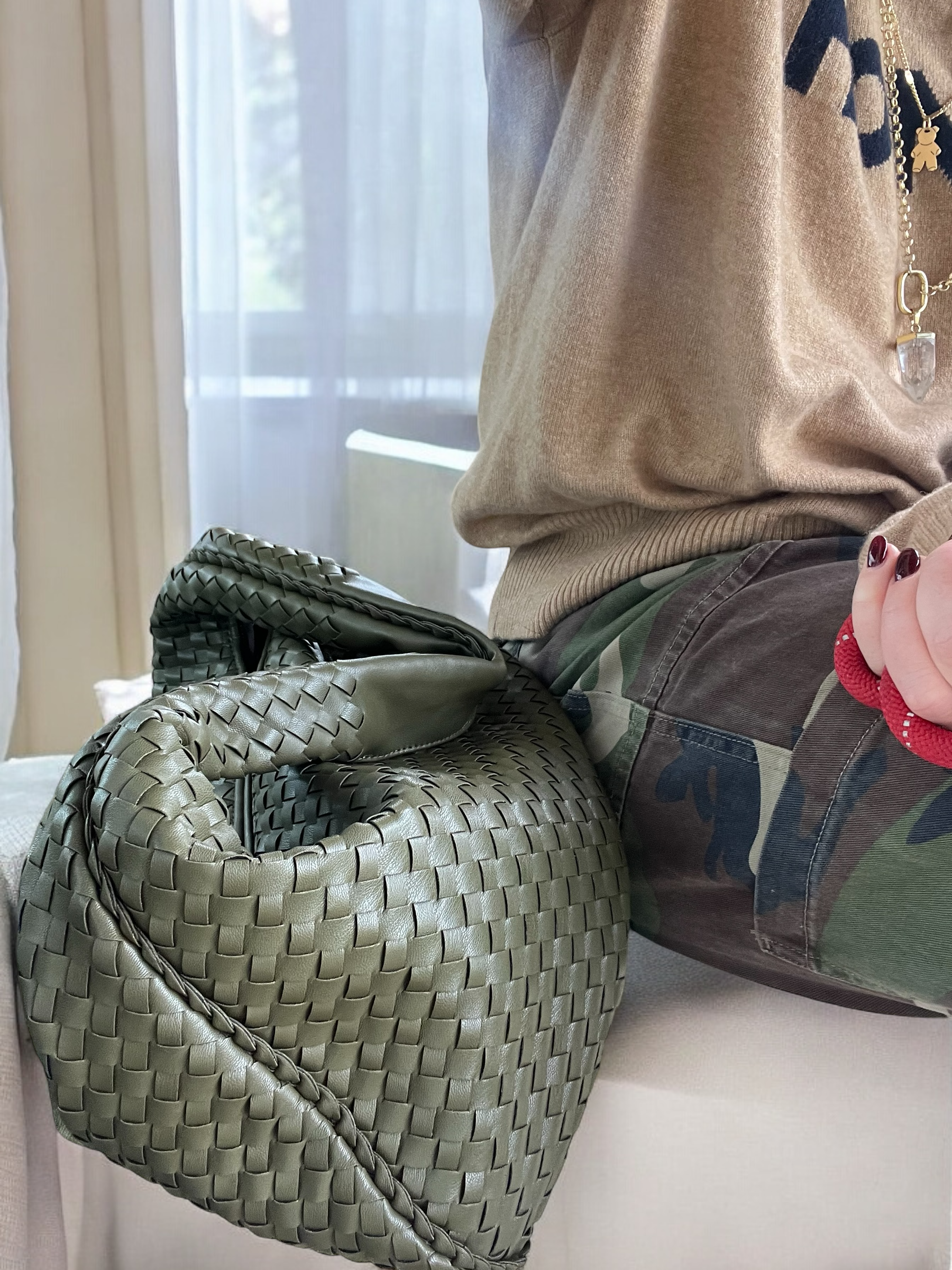 Olive woven shoulder bag