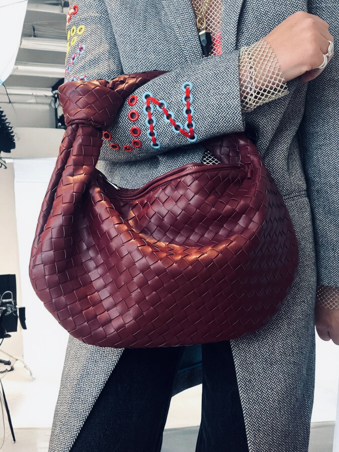 Burgundy knot woven bag