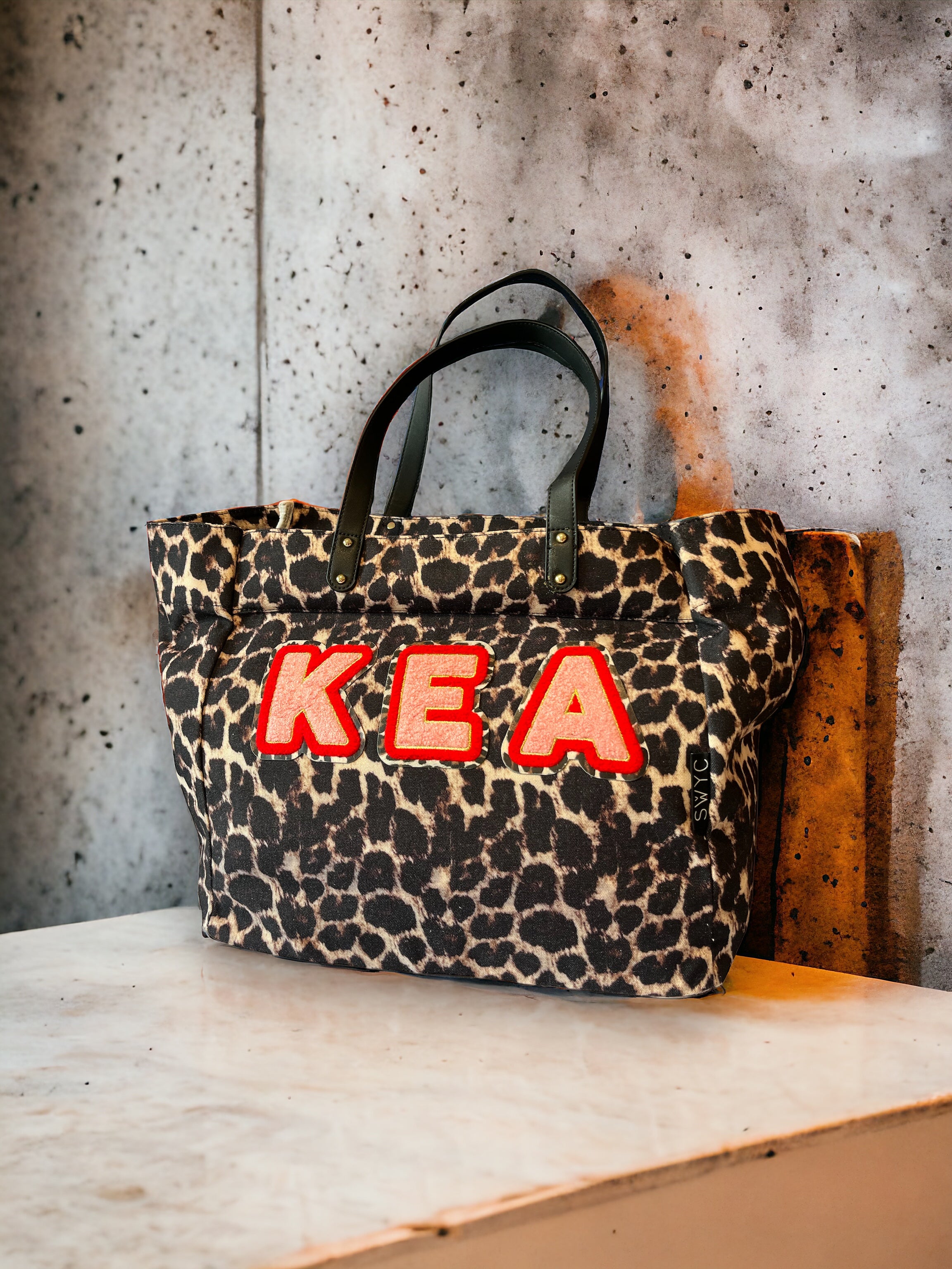 Leopard print shopper bag - pink small initials