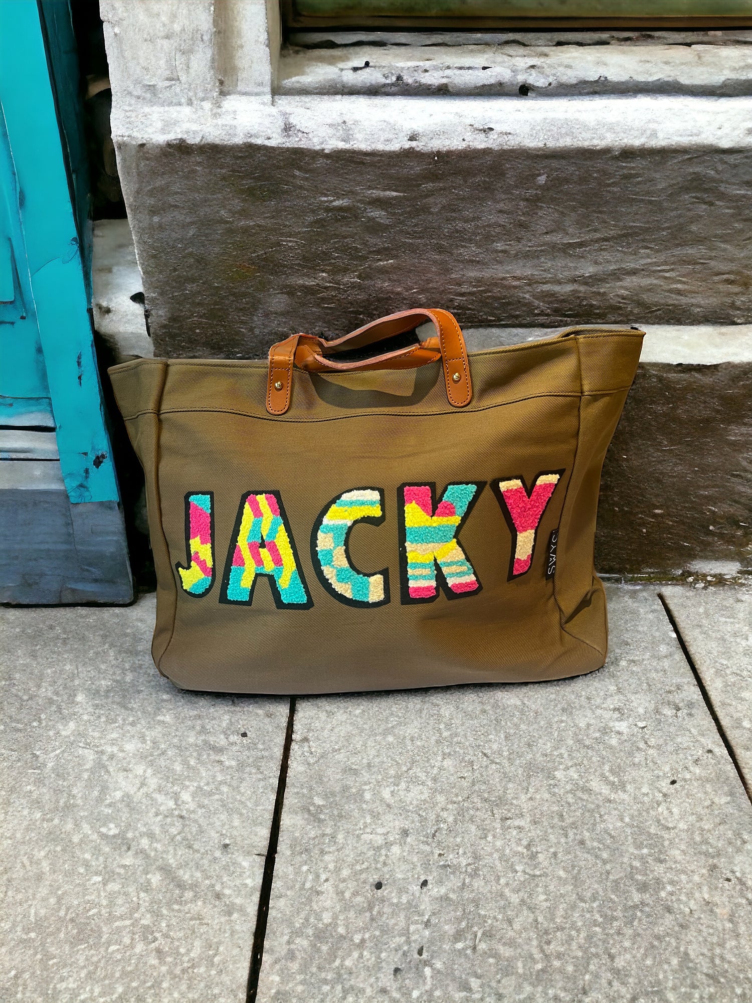 Khaki shopper- multicoloured initials