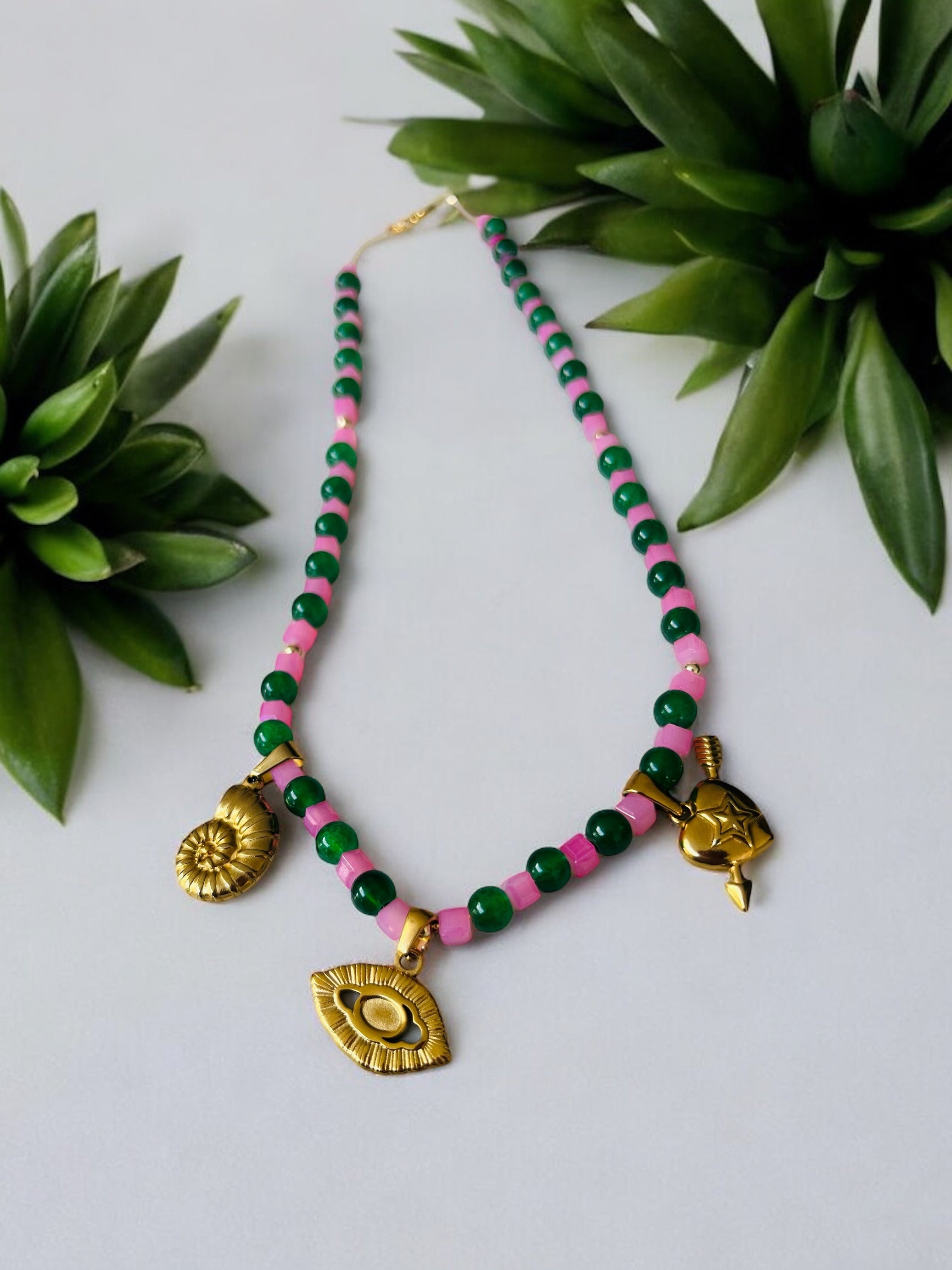 Bead and multi charm necklace