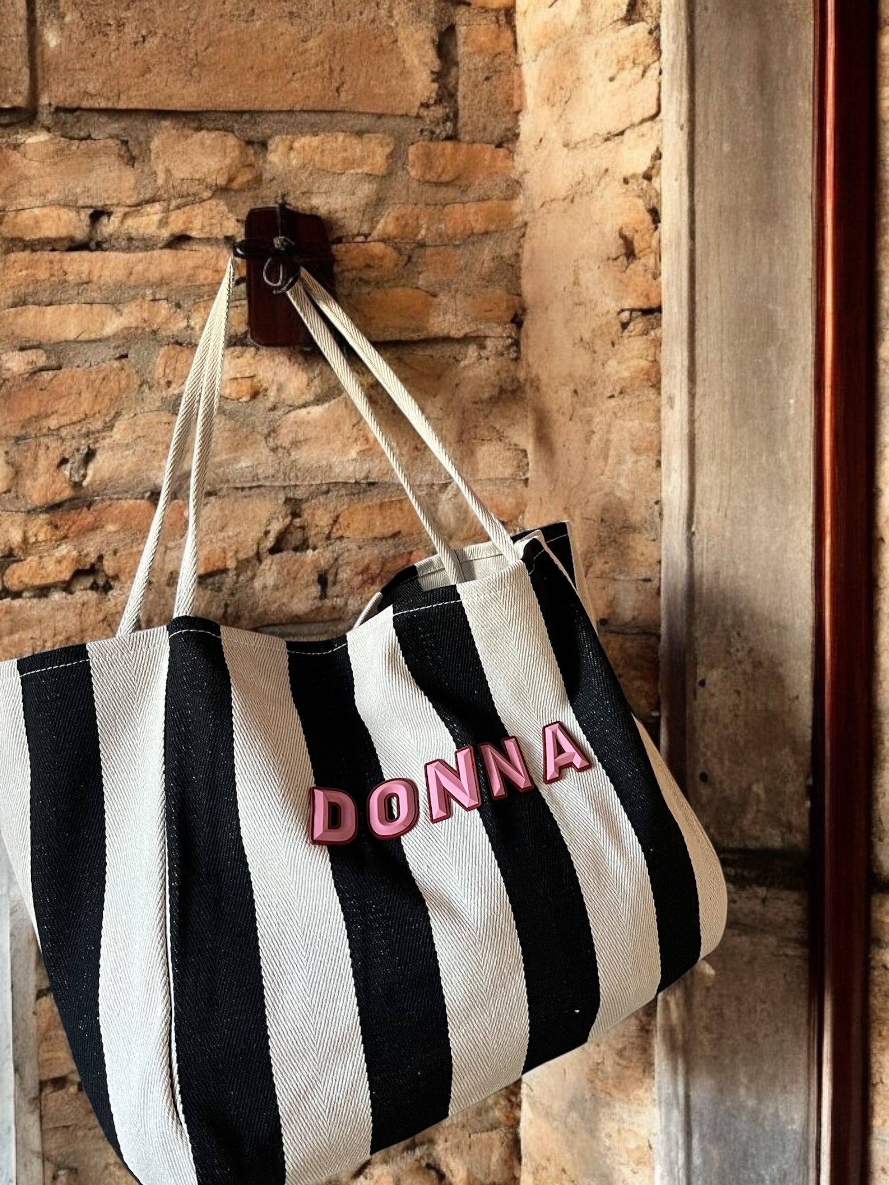 black and white striped tote