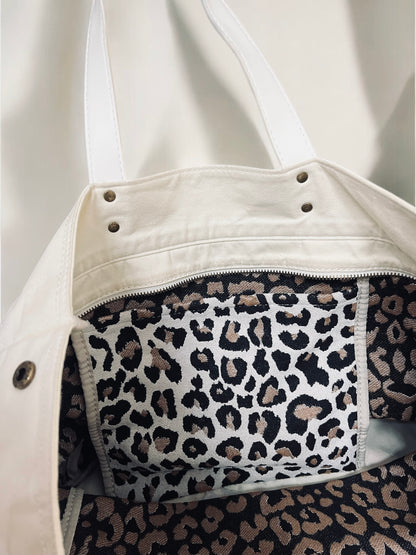 Cream leopard print market shopper bag