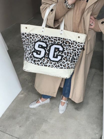 Cream leopard print market shopper bag