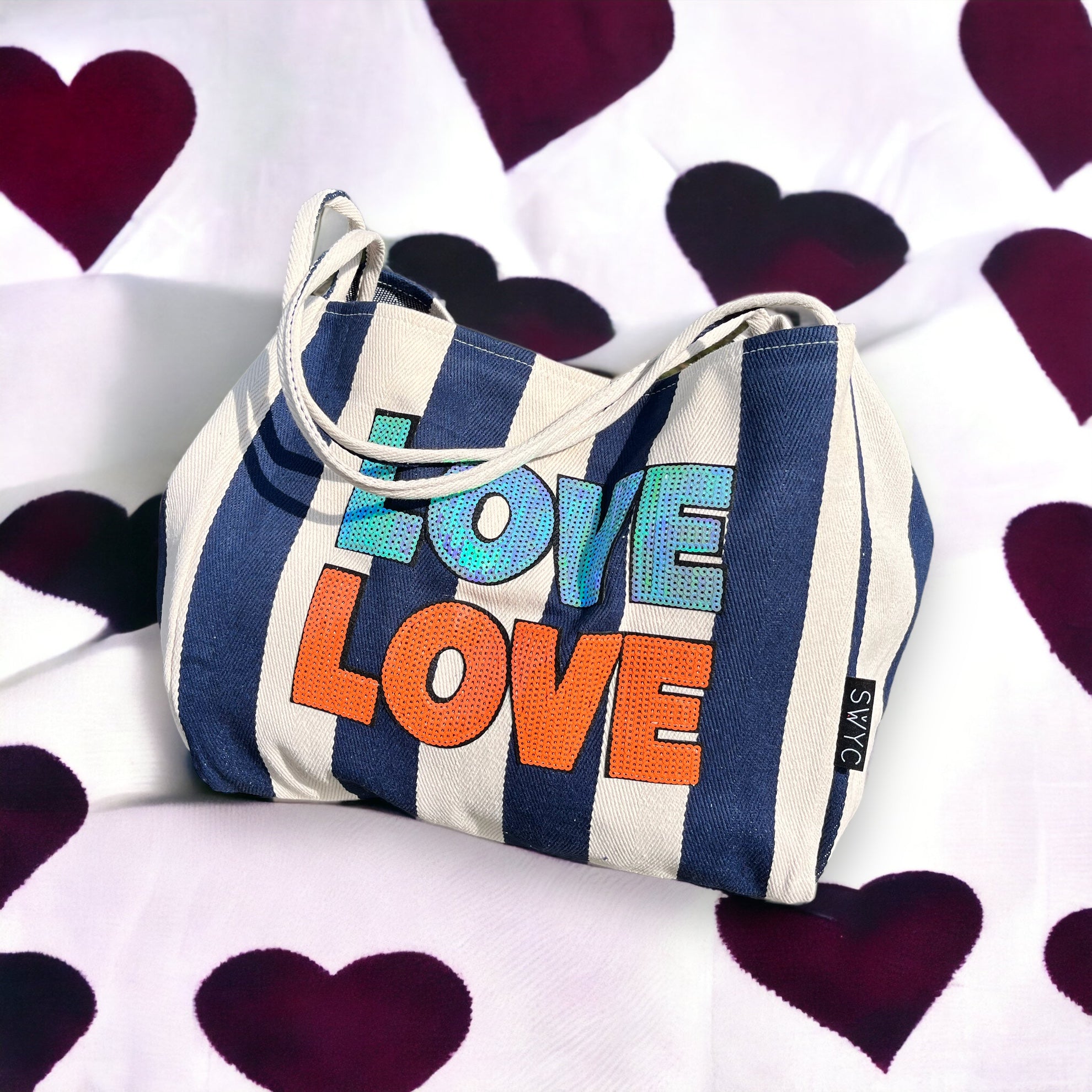 LOVE LOVE sequin bag - navy blue stripe