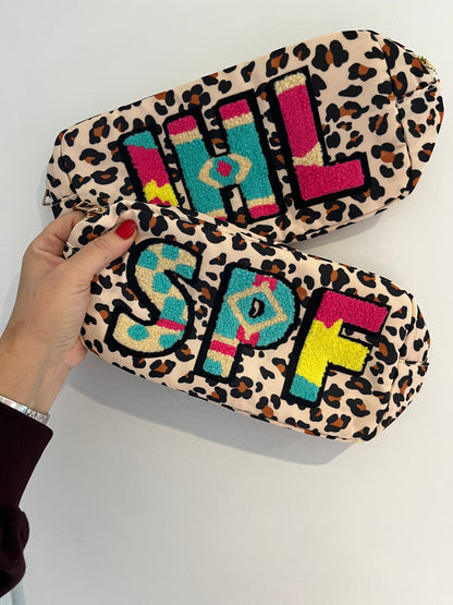 Personalised leopard print wash bag