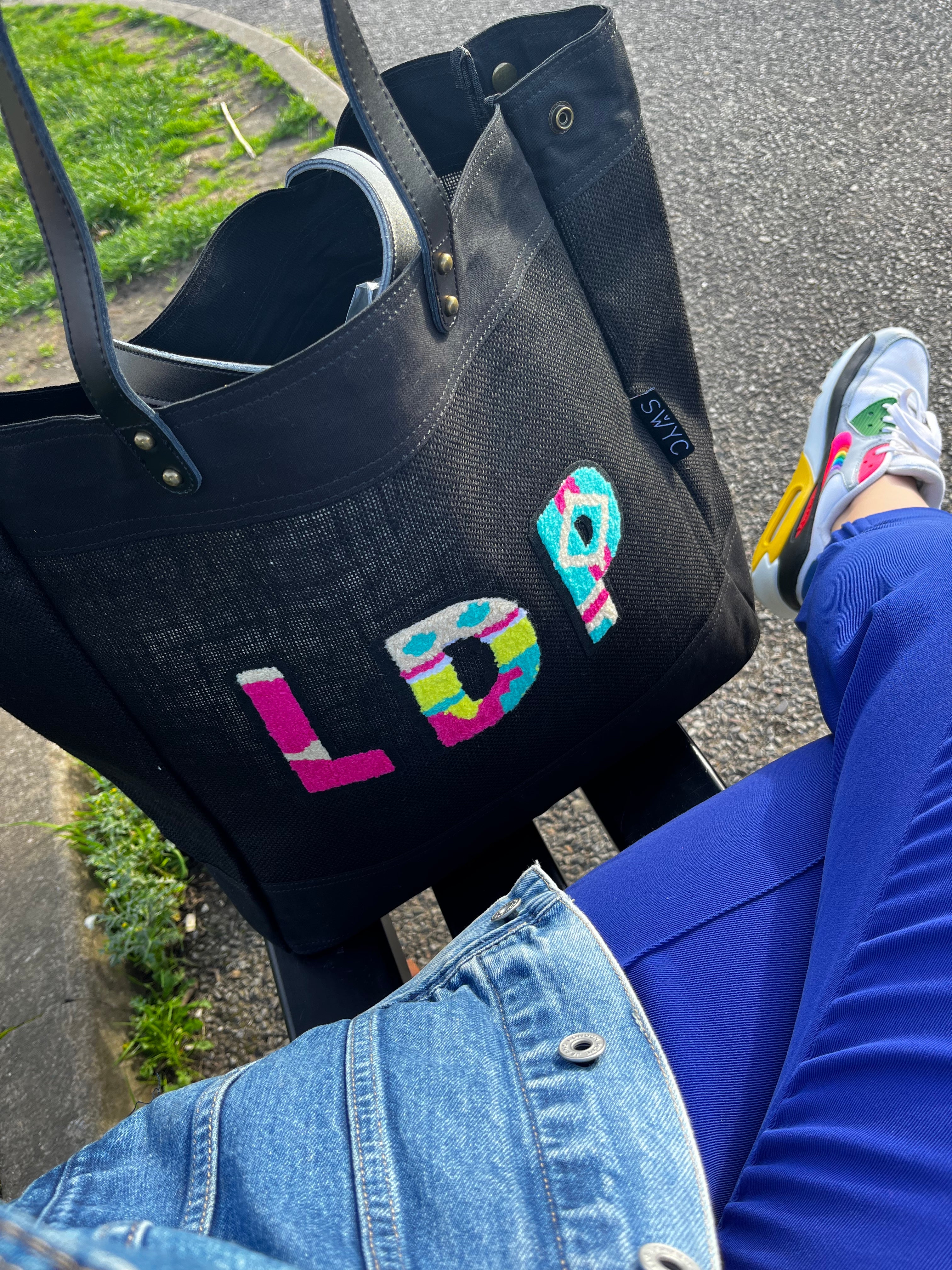 Black jute market shopper bag with multicoloured initials